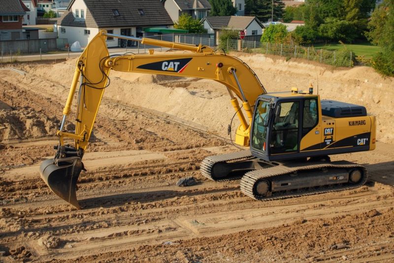 Prace ziemne w Chojnicach – koparka wyrównująca teren pod budowę domu