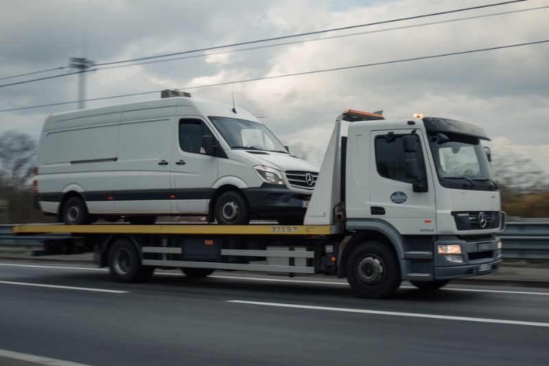 Laweta w Koninie transportuje samochód dostawczy na platformie, pomoc drogowa w Koninie i okolicach dla firm