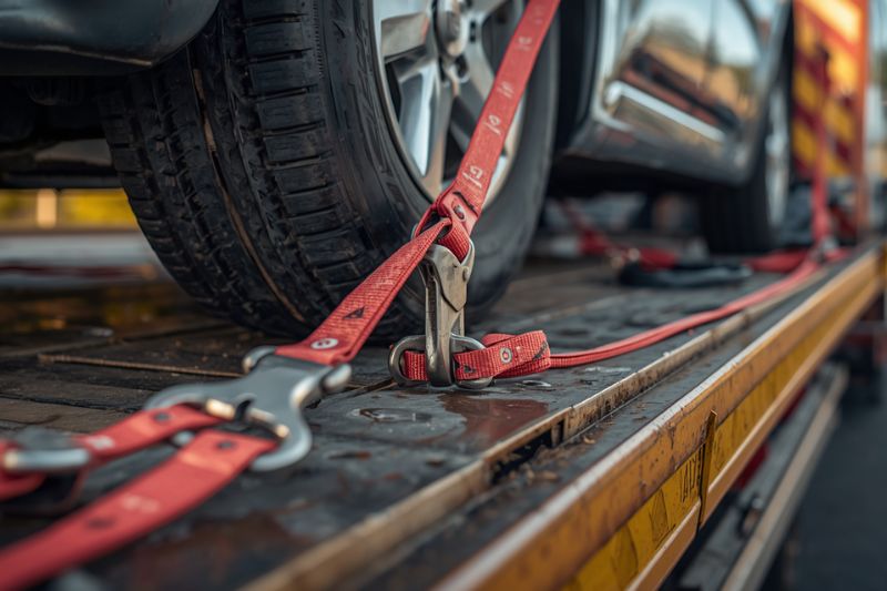 Zabezpieczenie auta pasami na platformie, laweta w Koninie i pomoc drogowa w Koninie i okolicach.
