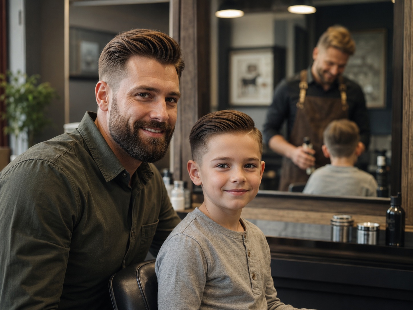 Tata i syn po wizycie u barbera z gotowymi fryzurami w eleganckim barbershopie