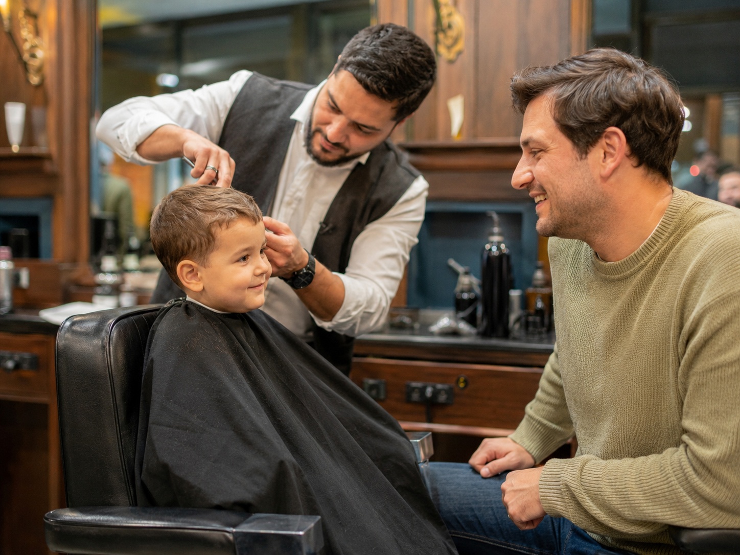 Chłopiec podczas pierwszego strzyżenia u barbera w Bochni z tatą siedzącym obok