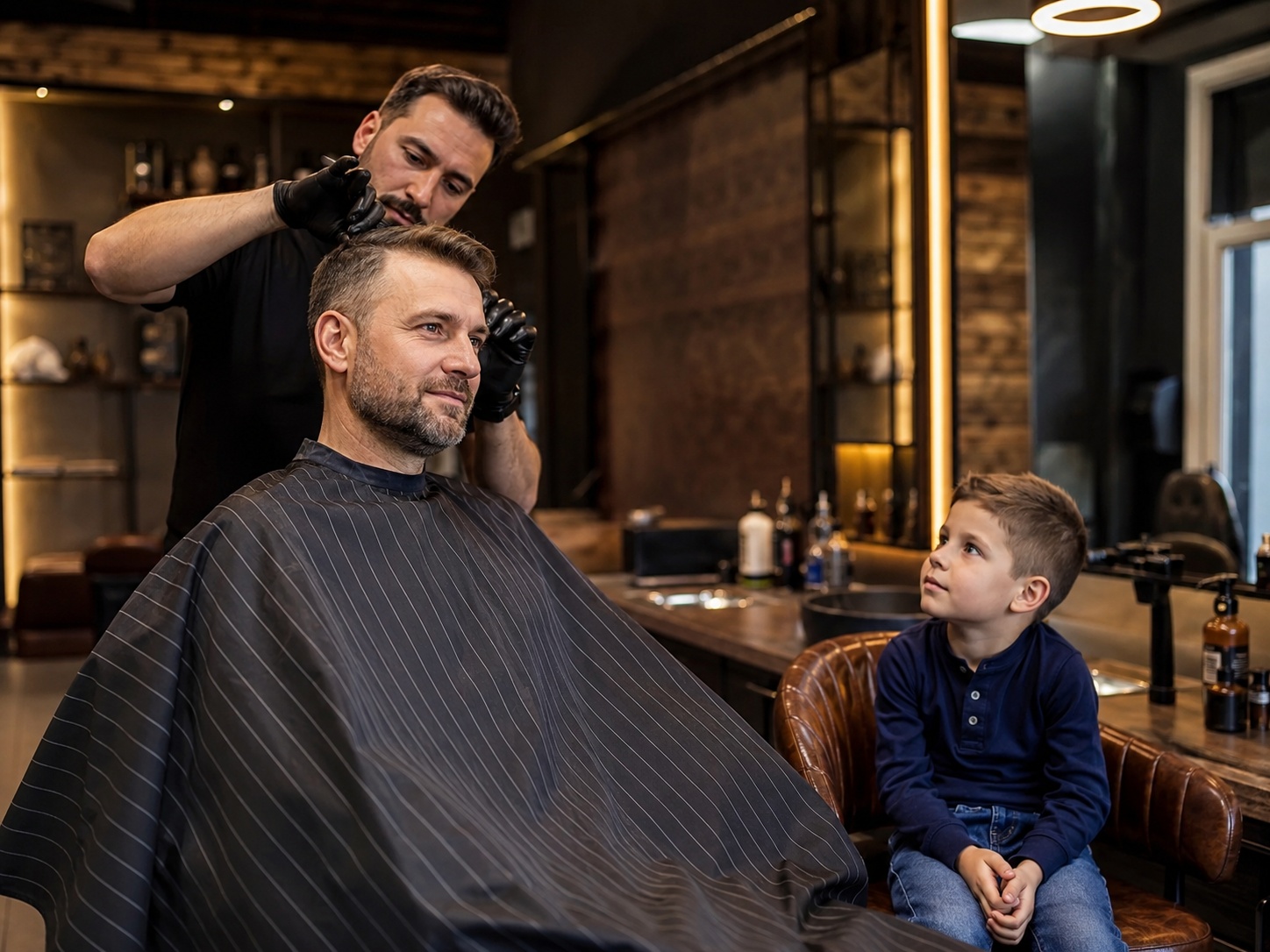 Tata podczas strzyżenia u barbera, a syn obserwuje wizytę w przyjaznym barbershopie w Bochni